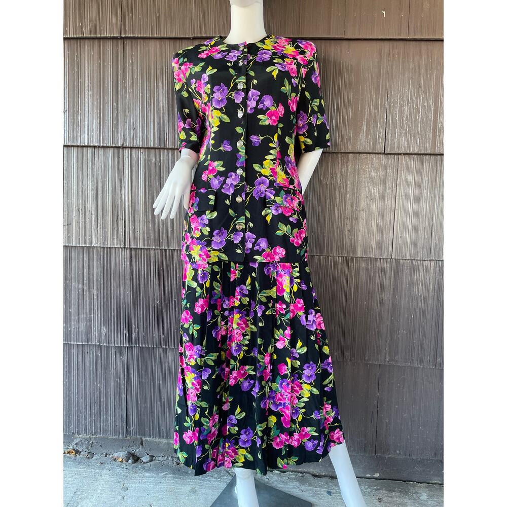 🔥Vintage 80s 2 Pc Harvest Time Colorful Floral Boho Cottagecore Blouse & Skirt